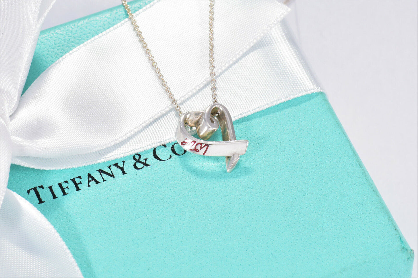 Tiffany & Co Silver Picasso Red Enamel Love Heart Pendant 20" Necklace in Pouch