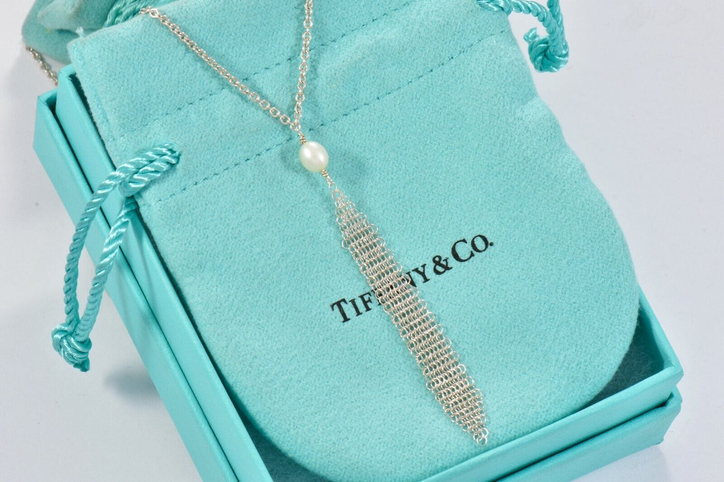 Tiffany & Co Silver Elsa Peretti Somerset Mesh Pearl Dangle Pendant Necklace Box