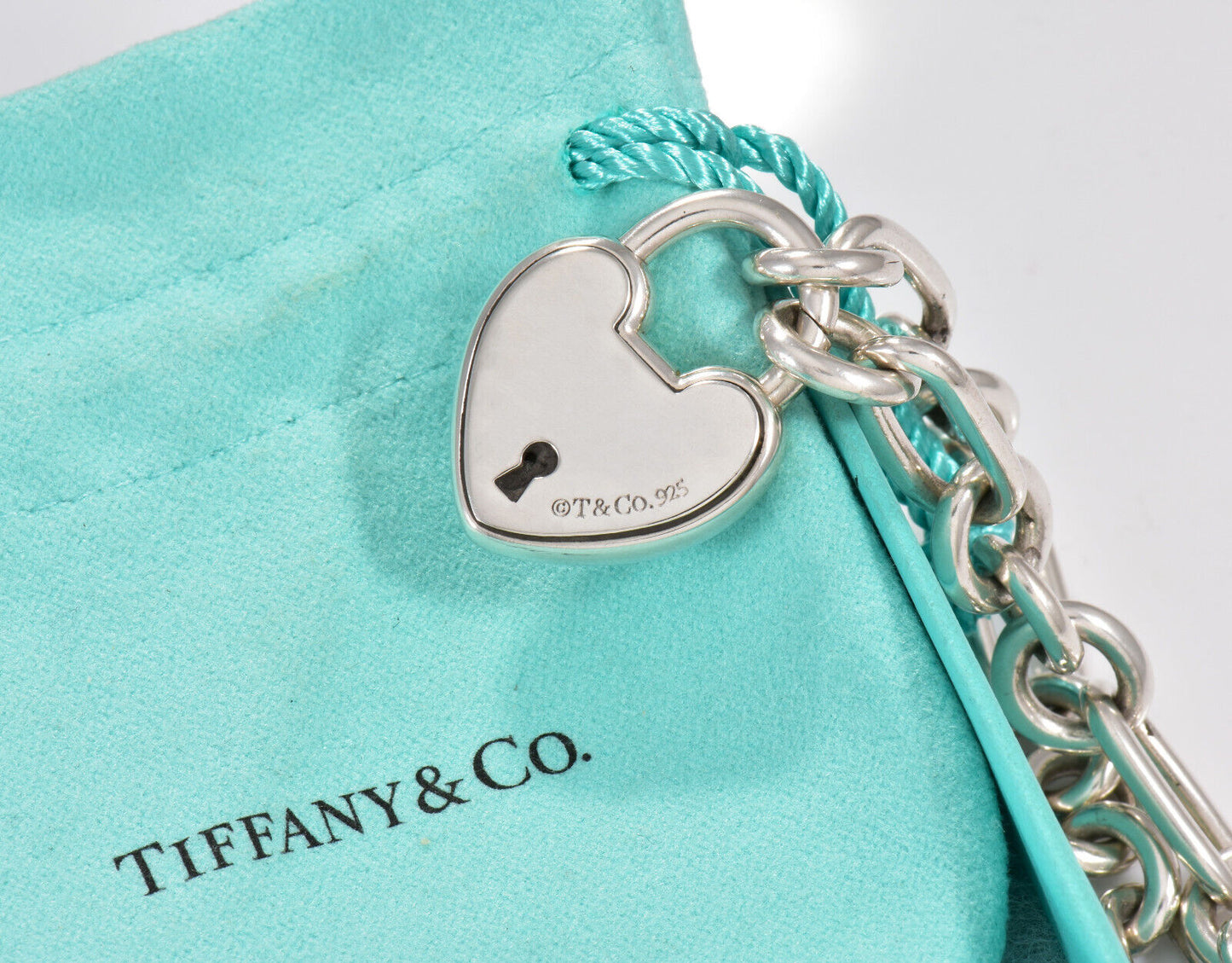 8" Tiffany & Co NY Silver Heart Lock Charm Heavy Oval Chain Link Bracelet in Box