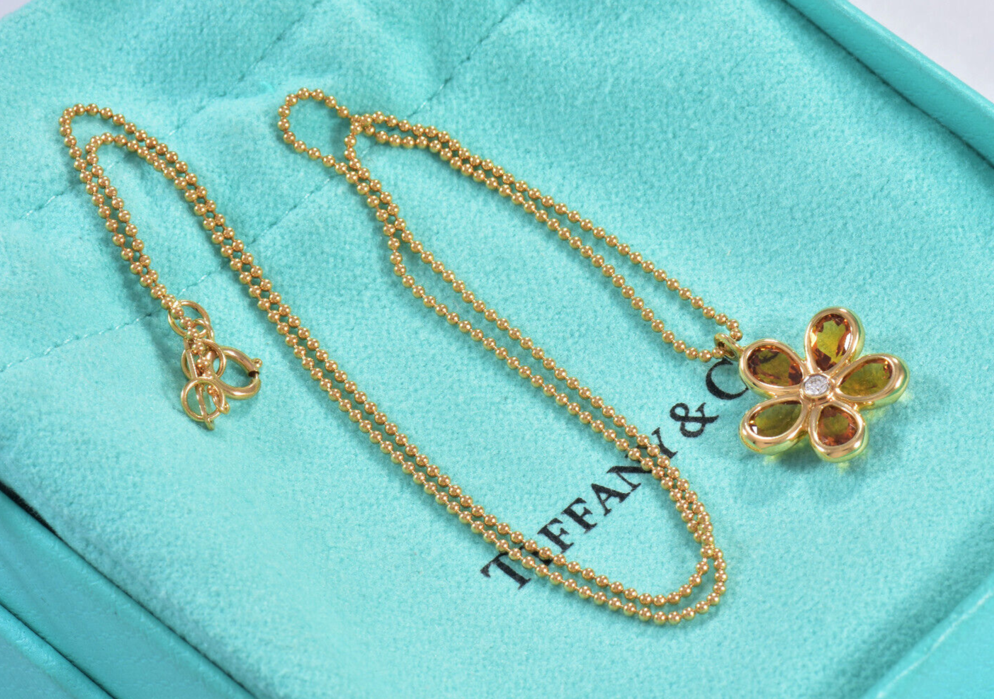 Tiffany & Co Diamond 18K Gold Citrine Garden Flower Bead Necklace in Box Pouch