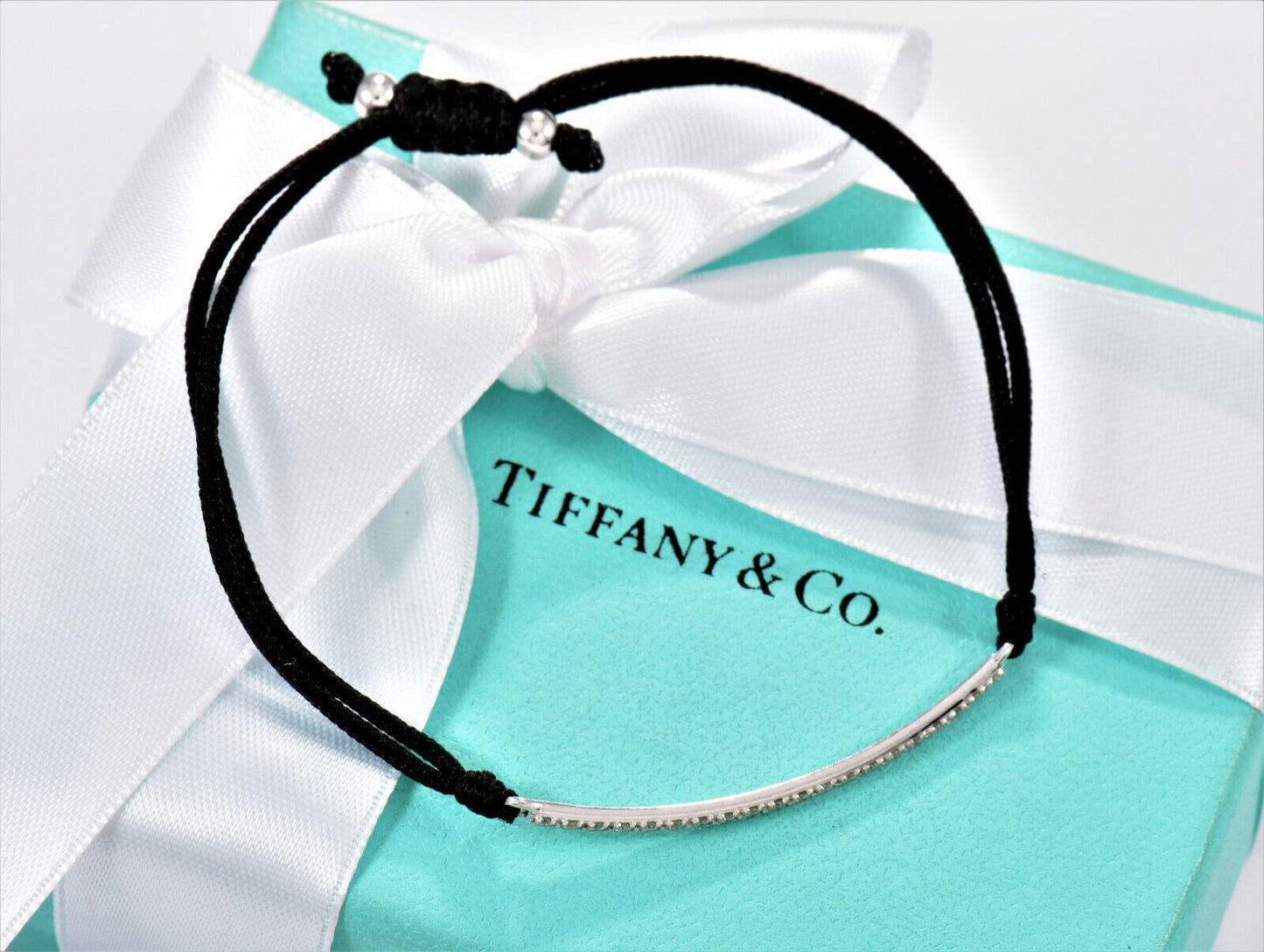 Tiffany & Co Diamond 18k White Gold Metro Bar Silk Cord 6” - 7.7” Bracelet Rare