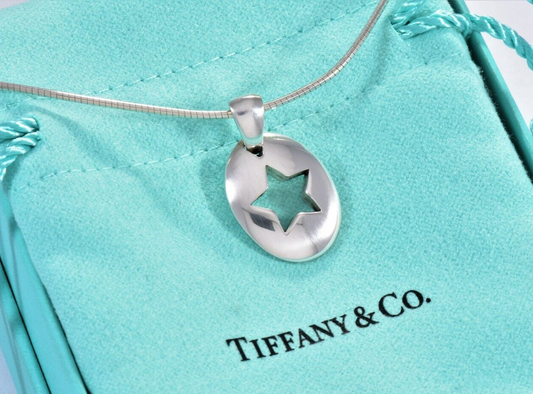 Tiffany & Co Silver Star Pendant 16" Wire Necklace Pouch Vintage Stencil Cutout