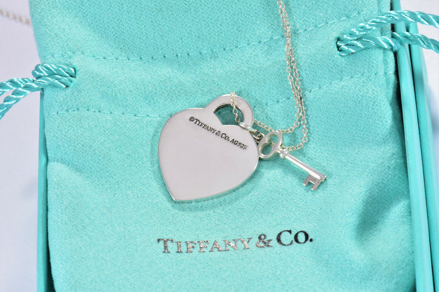 Tiffany & Co Silver Mom Heart Tag Key Two Charm Pendant 16" Necklace in Box Rare