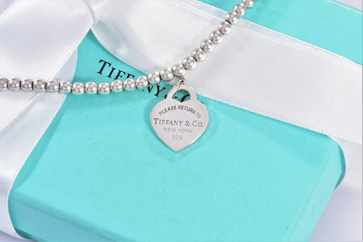 Please Return To Tiffany & Co Silver Heart Pendant 16" Beaded Necklace in Pouch