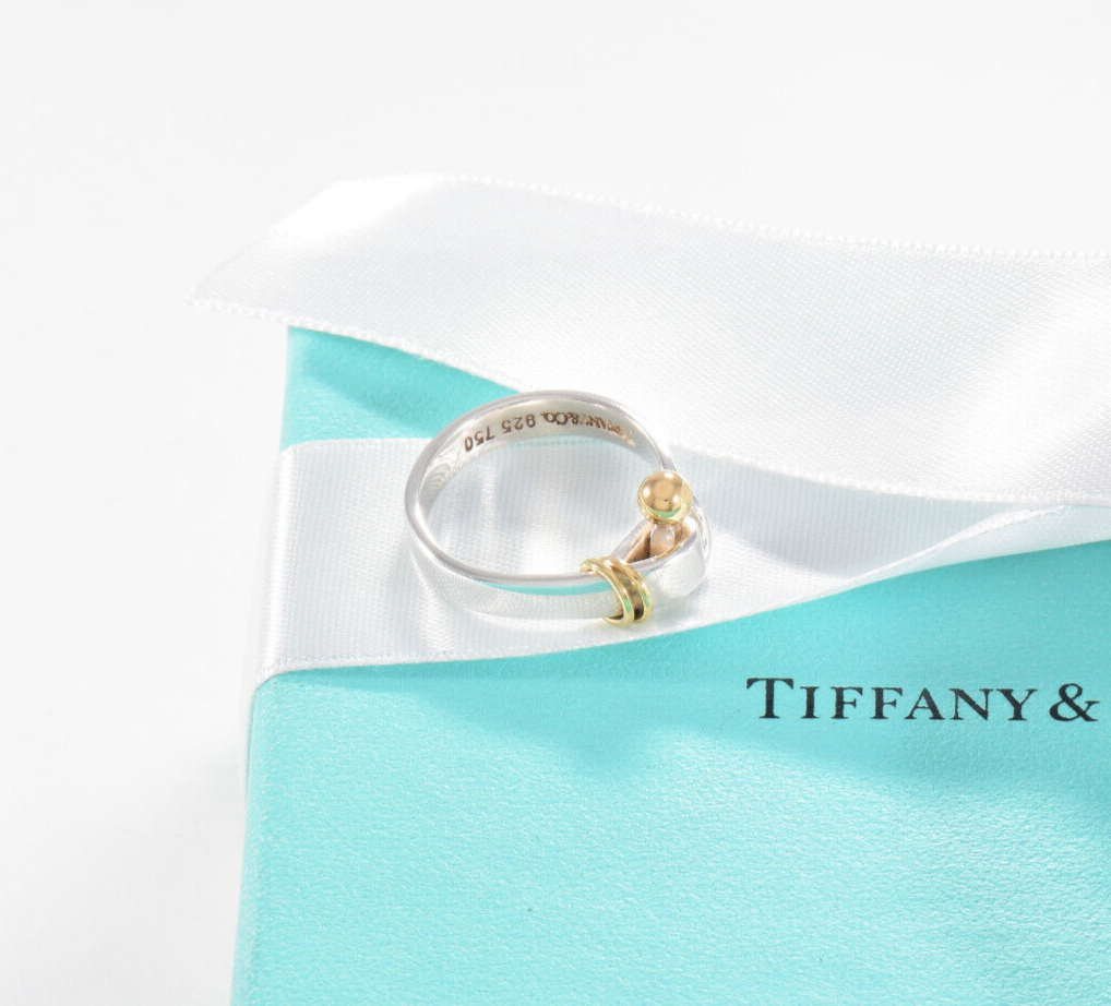 Vintage Tiffany & Co 18K Yellow Gold Silver Hook Eye Ball Ring Size 7.5 in Pouch