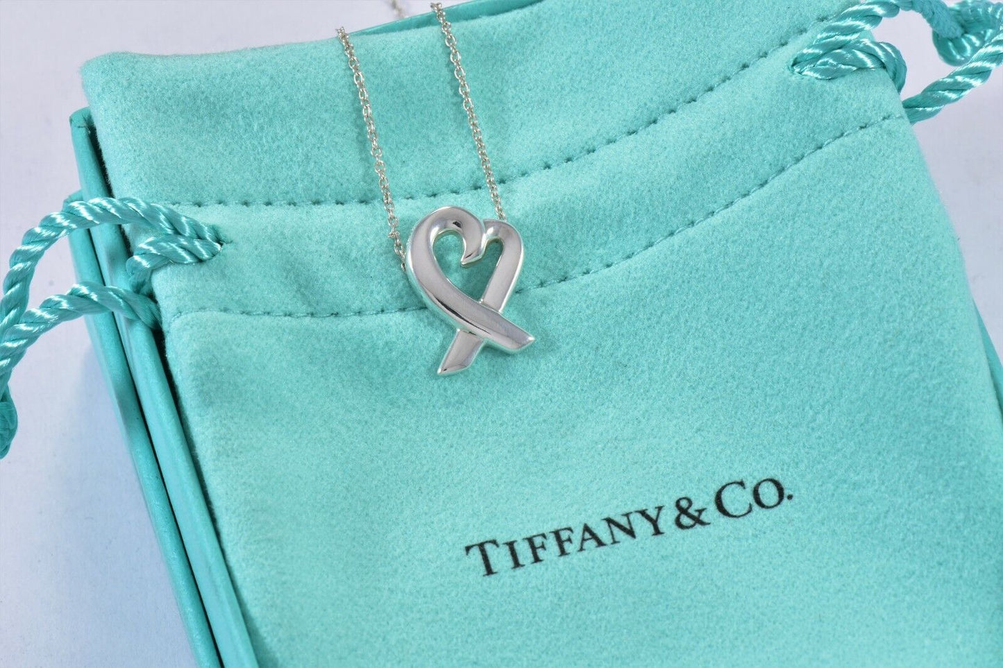 Tiffany & Co Silver Paloma Picasso Loving Heart Pendant 16" Necklace in Pouch