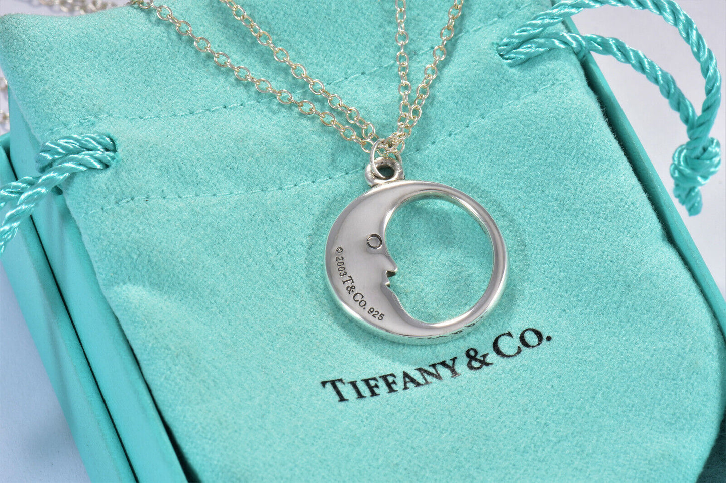 Tiffany & Co Sterling Silver Man In The Moon Double Chain Necklace 16" In Box