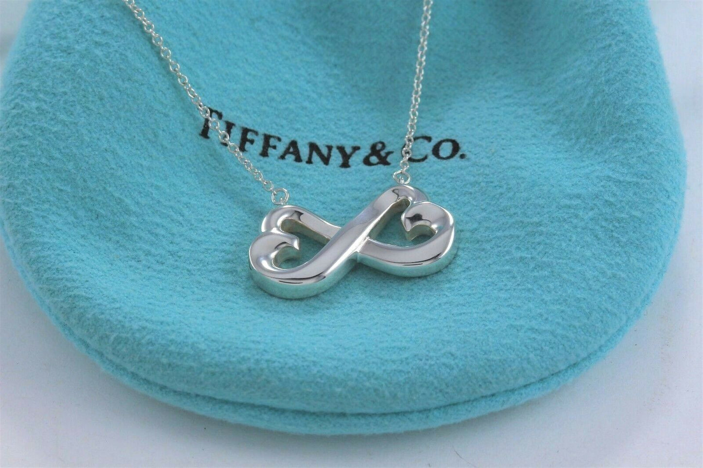 Tiffany & Co Paloma Picasso Double Loving Heart Infinity Necklace 16.55" & Pouch