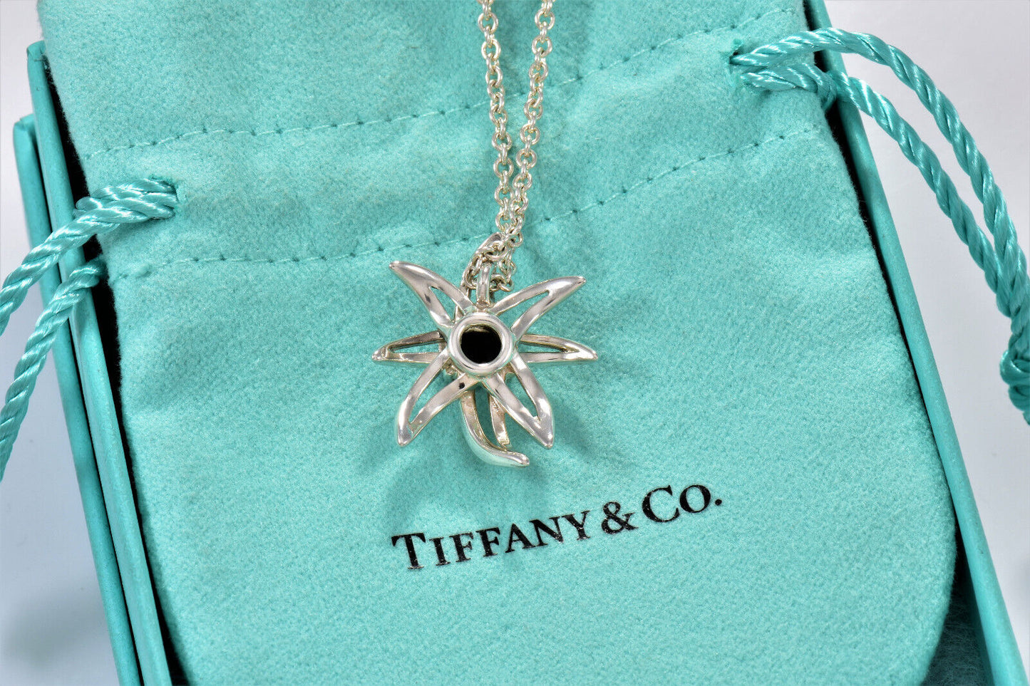 Vintage Tiffany & Co Silver Black Onyx Fireworks Pendant 16.25" Necklace & Pouch