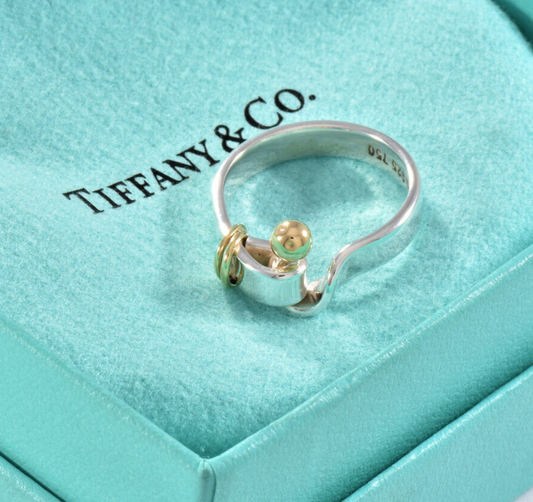 Vintage Tiffany & Co 18K Yellow Gold Silver Hook Eye Ball Ring Size 7.5 in Pouch