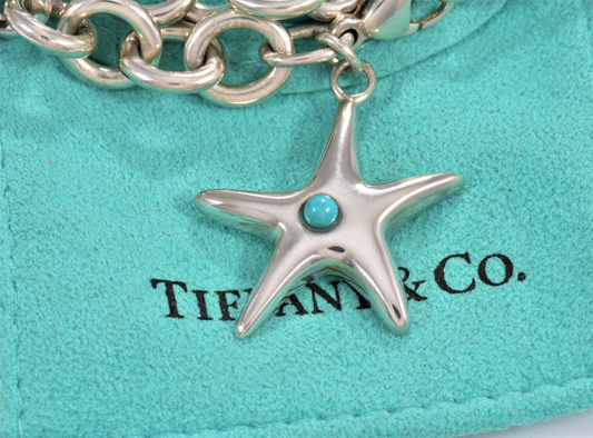 Tiffany & Co Sterling Silver Turquoise Starfish Charm 8" Chain Bracelet Pouch XL