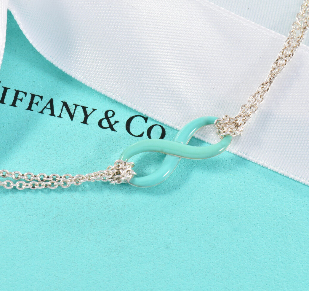 Tiffany & Co Silver Blue Enamel Infinity Pendant 18" Double Chain Necklace Boxed