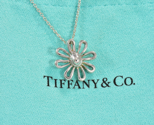 19" Tiffany & Co Silver Paloma Picasso Daisy Flower Pendant Necklace in Pouch