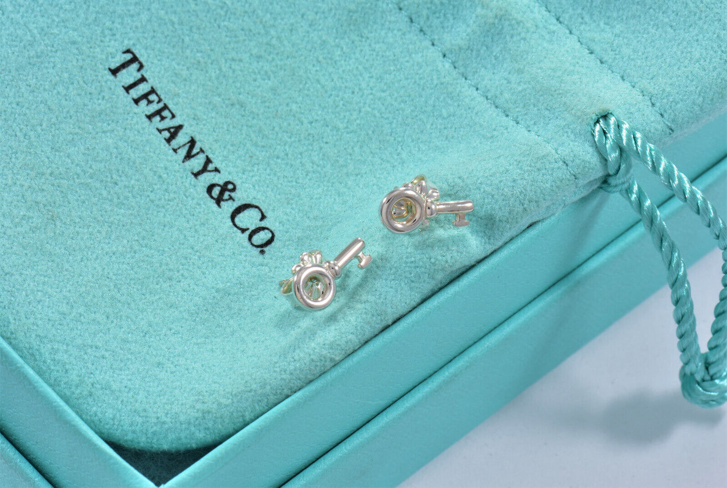 Tiffany & Co Sterling Silver Mini Key Stud Earrings in Pouch Rare Lovely Gift