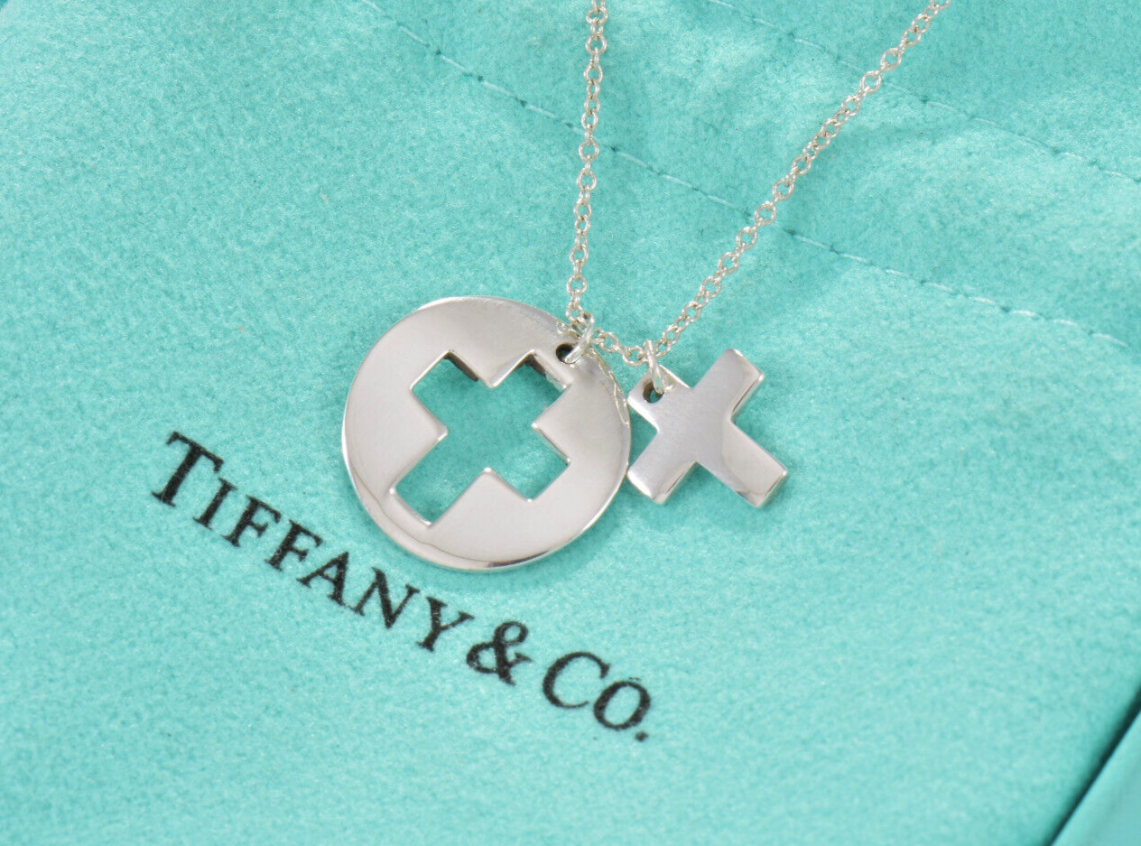 Tiffany & Co Sterling Silver Cross Cutout Circle Pendant 16" Necklace in Pouch