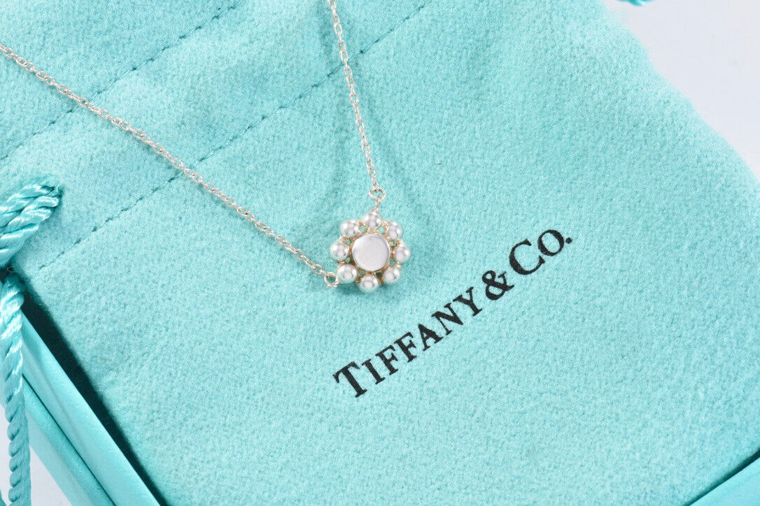 Tiffany & Co Gold Silver Jolie Bead Flower Pendant 16.75" Necklace in Pouch Rare