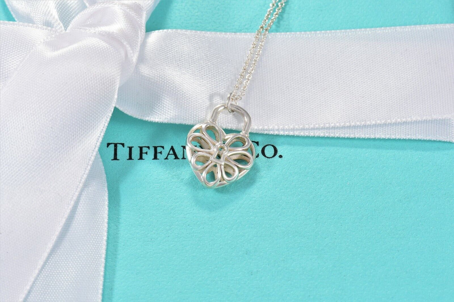 Tiffany & Co Sterling Silver Filigree Heart Lock Pendant Necklace in Pouch